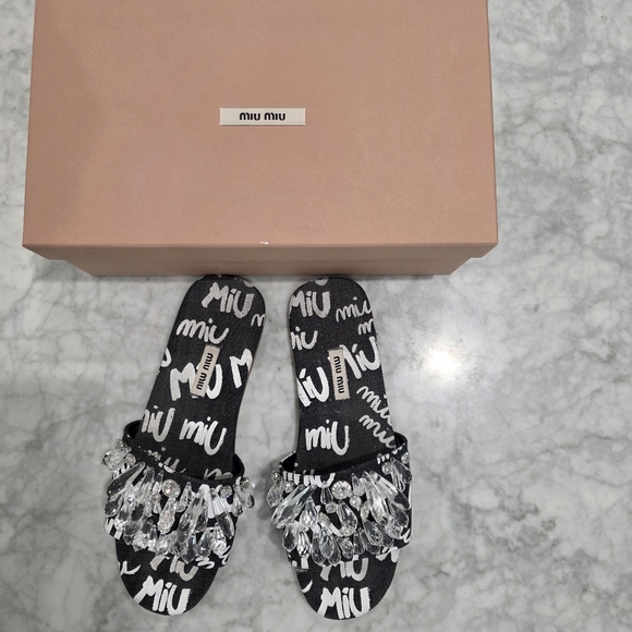 Miu Miu Shoes - Miu‎ Miu Denim Embellished Crystal Slides Sandals Slippers Size 39.5